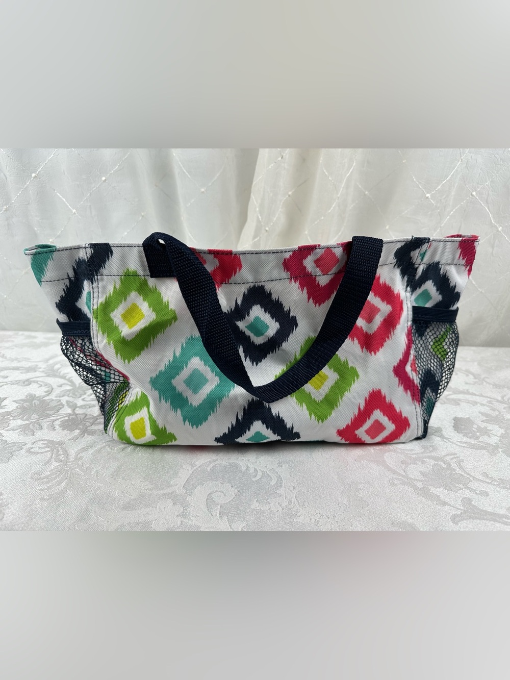 Colorful Diamond Print Canvas Tote with Blue Handles